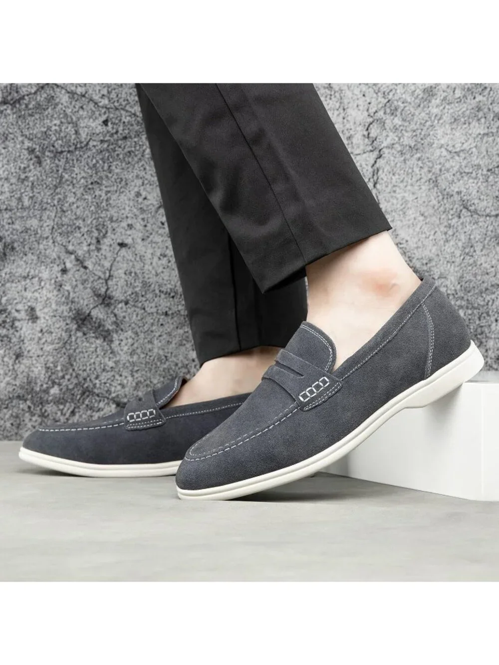 🆕Men's Grey Leather Loafers Slip-On Moccasins Suede Dress Shoes Lightweight